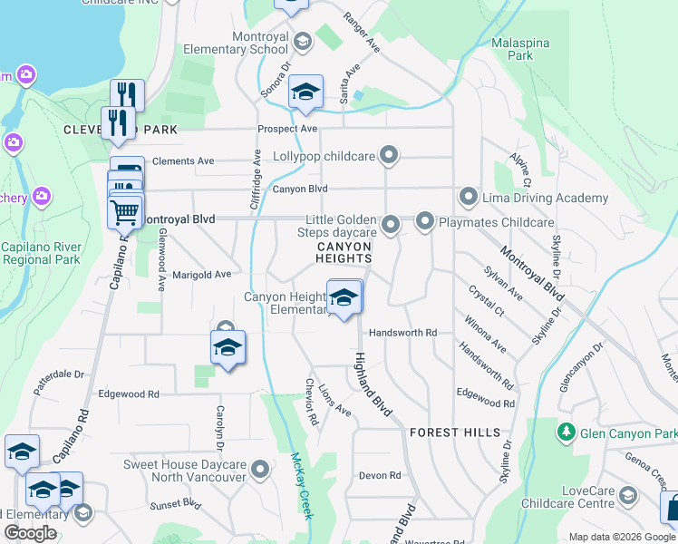map of restaurants, bars, coffee shops, grocery stores, and more near 949 Belvedere Drive in North Vancouver