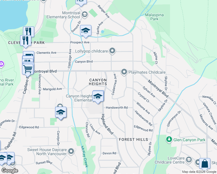 map of restaurants, bars, coffee shops, grocery stores, and more near 920 Belvedere Drive in North Vancouver