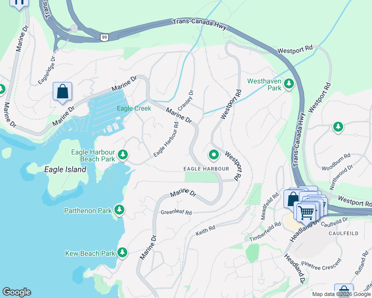 map of restaurants, bars, coffee shops, grocery stores, and more near 5636 Marine Drive in West Vancouver
