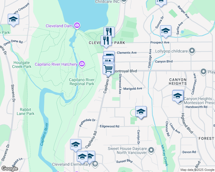 map of restaurants, bars, coffee shops, grocery stores, and more near 4676 Capilano Road in North Vancouver