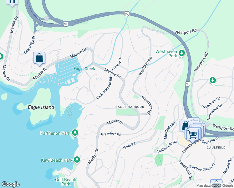 map of restaurants, bars, coffee shops, grocery stores, and more near 5636 Marine Drive in West Vancouver