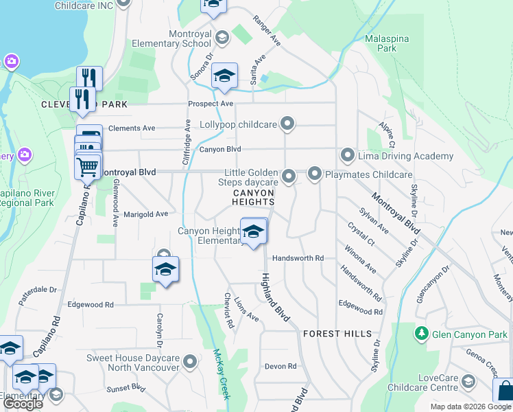 map of restaurants, bars, coffee shops, grocery stores, and more near 942 Belvedere Drive in North Vancouver