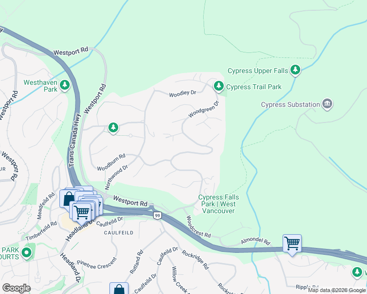 map of restaurants, bars, coffee shops, grocery stores, and more near 4615 Woodgreen Drive in West Vancouver