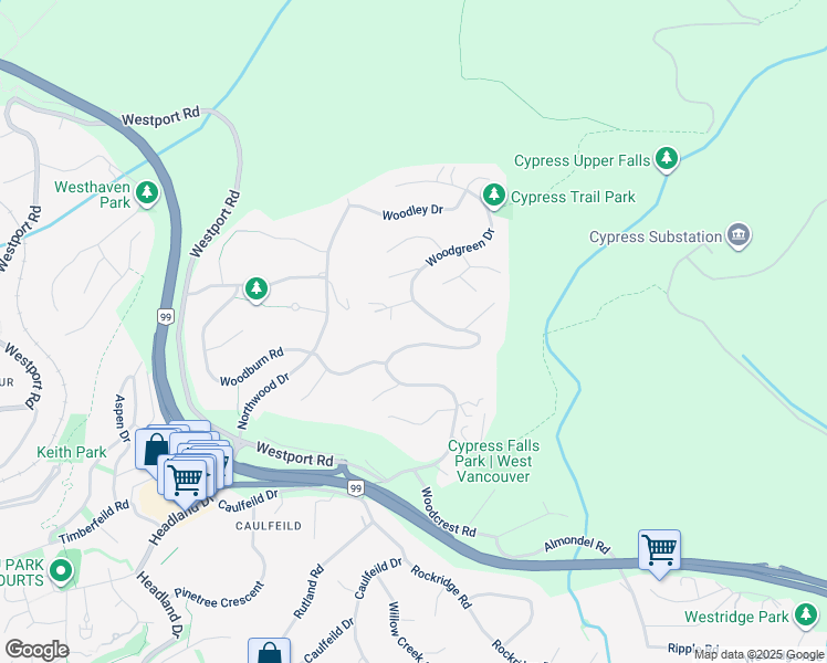 map of restaurants, bars, coffee shops, grocery stores, and more near 4615 Woodgreen Drive in West Vancouver