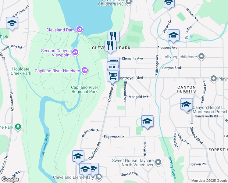 map of restaurants, bars, coffee shops, grocery stores, and more near 4676 Capilano Road in North Vancouver