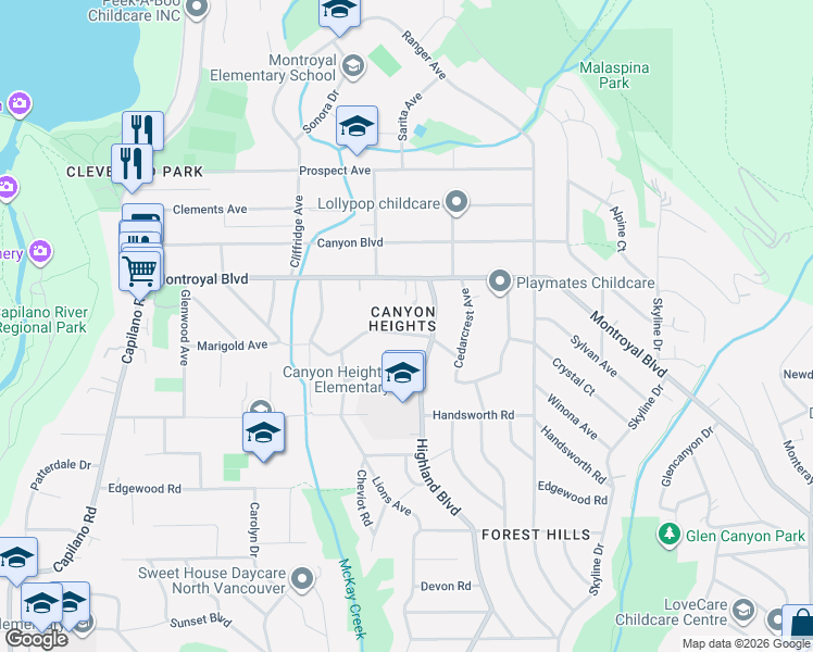 map of restaurants, bars, coffee shops, grocery stores, and more near 942 Belvedere Drive in North Vancouver