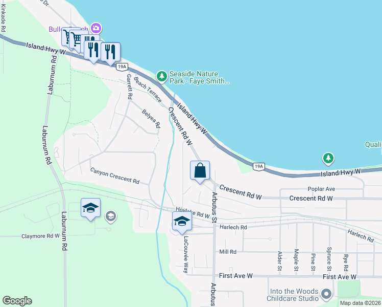map of restaurants, bars, coffee shops, grocery stores, and more near 556 Crescent Road West in Qualicum Beach