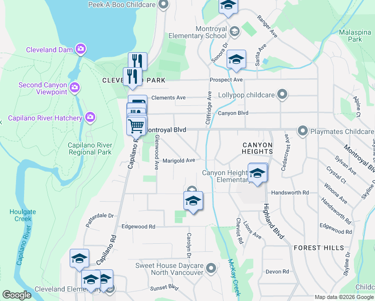 map of restaurants, bars, coffee shops, grocery stores, and more near 1043 Belvedere Drive in North Vancouver