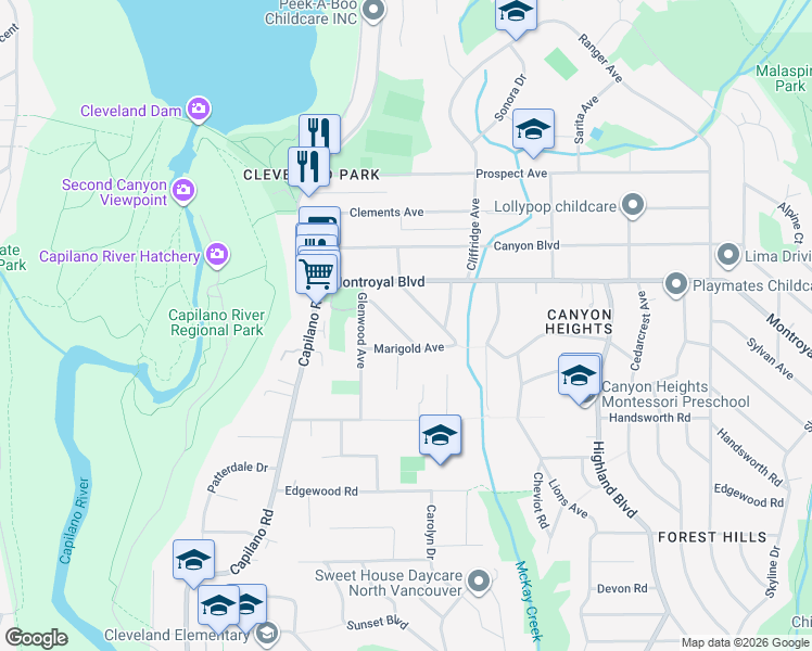 map of restaurants, bars, coffee shops, grocery stores, and more near 1064 Ruthina Avenue in North Vancouver