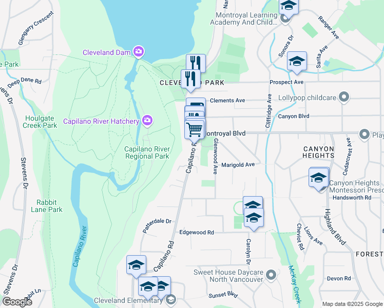 map of restaurants, bars, coffee shops, grocery stores, and more near 4684 Capilano Road in North Vancouver