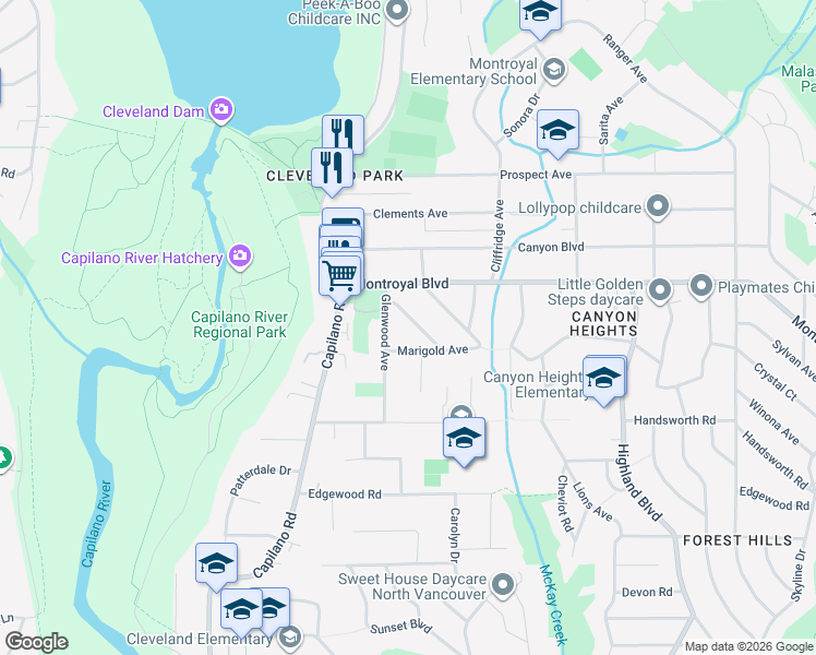 map of restaurants, bars, coffee shops, grocery stores, and more near 1075 Ruthina Avenue in North Vancouver