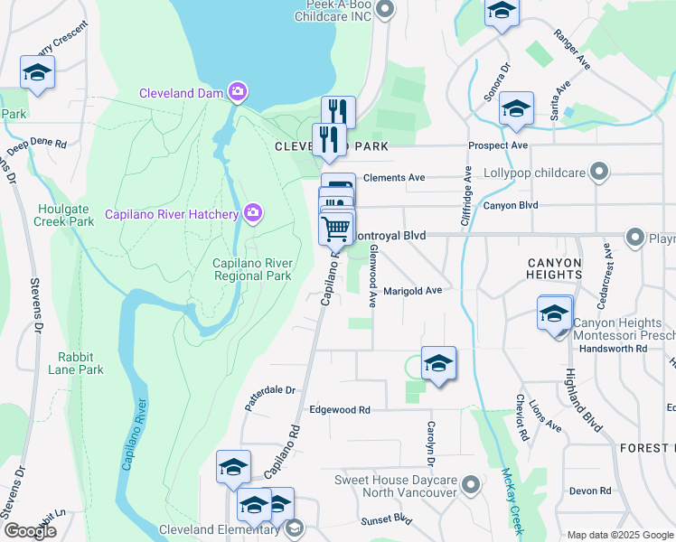 map of restaurants, bars, coffee shops, grocery stores, and more near 4684 Capilano Road in North Vancouver