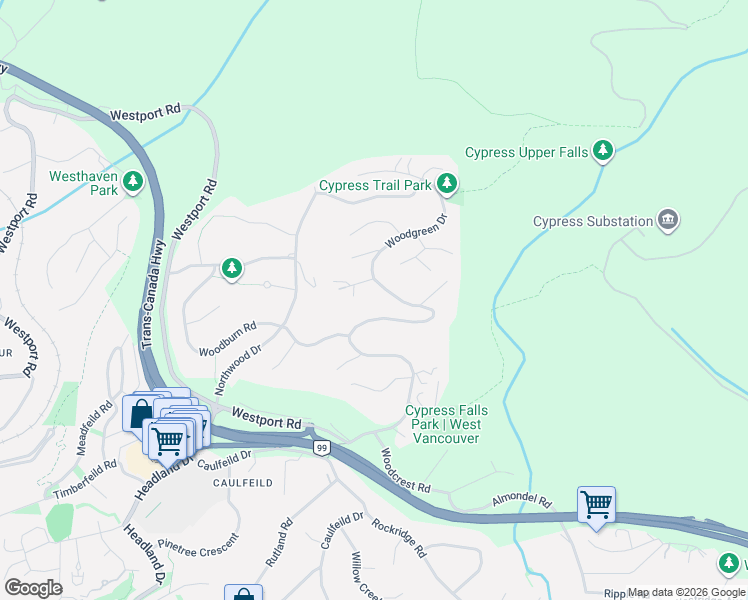 map of restaurants, bars, coffee shops, grocery stores, and more near 4659 Woodgreen Drive in West Vancouver