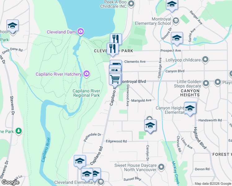 map of restaurants, bars, coffee shops, grocery stores, and more near 4628 Teviot Place in North Vancouver