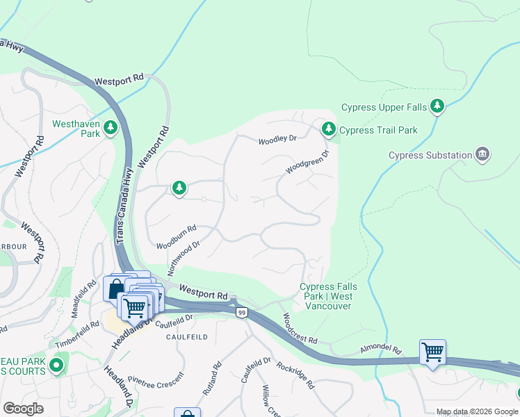 map of restaurants, bars, coffee shops, grocery stores, and more near 4665 Woodridge Place in West Vancouver