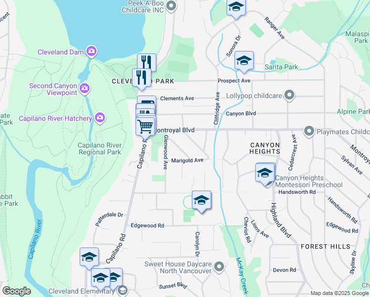 map of restaurants, bars, coffee shops, grocery stores, and more near 1066 Ruthina Avenue in North Vancouver