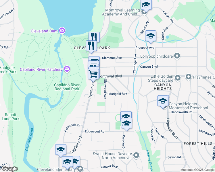 map of restaurants, bars, coffee shops, grocery stores, and more near 4692 Glenwood Avenue in North Vancouver