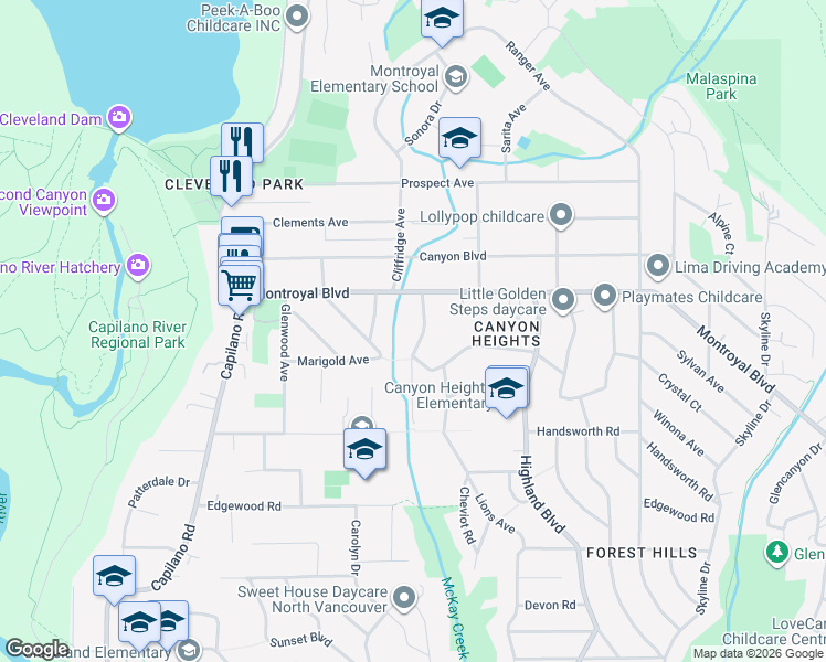 map of restaurants, bars, coffee shops, grocery stores, and more near 4695 Mapleridge Drive in North Vancouver