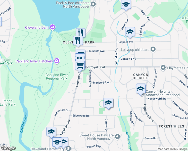 map of restaurants, bars, coffee shops, grocery stores, and more near 1081 Ruthina Avenue in North Vancouver