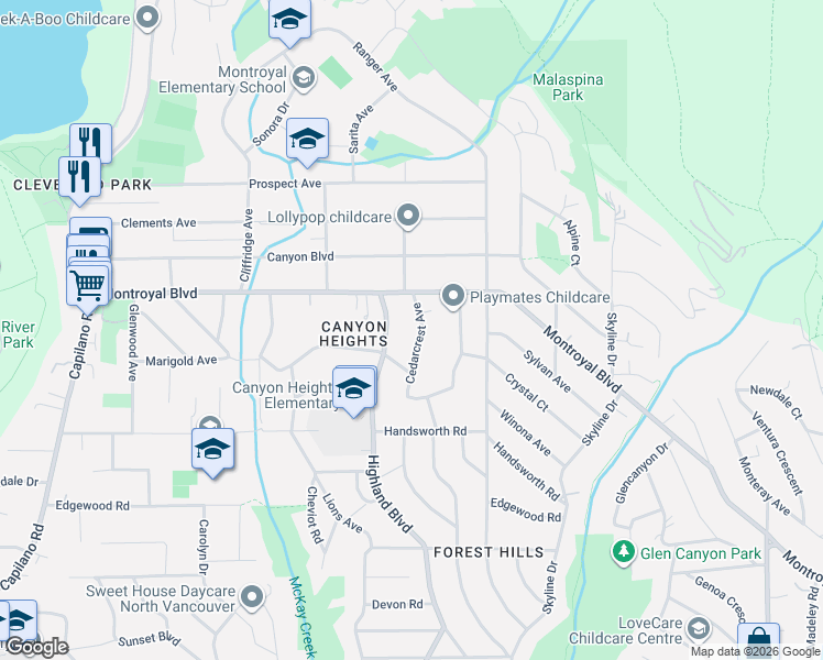 map of restaurants, bars, coffee shops, grocery stores, and more near 4707 Cedarcrest Avenue in North Vancouver