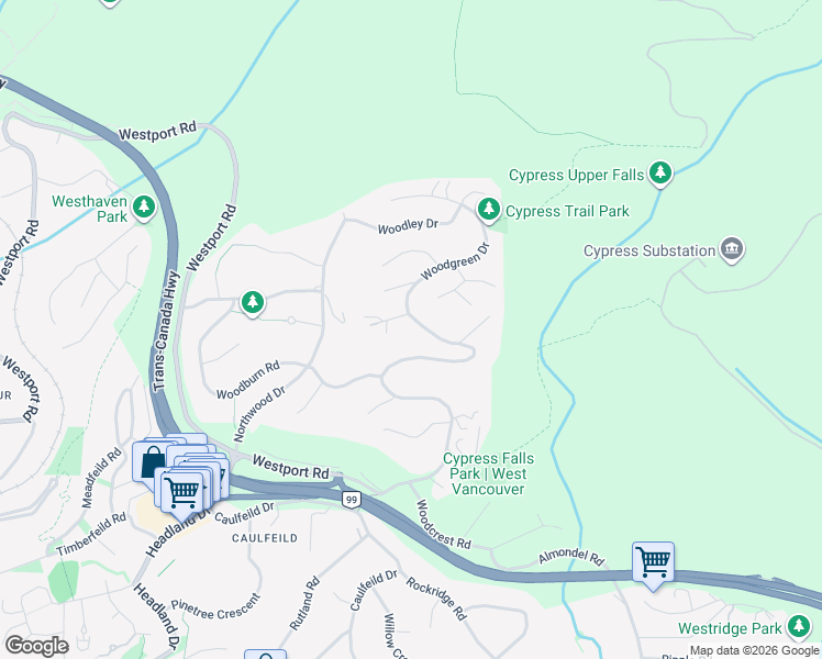 map of restaurants, bars, coffee shops, grocery stores, and more near 4659 Woodgreen Drive in West Vancouver
