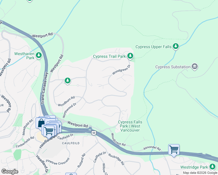 map of restaurants, bars, coffee shops, grocery stores, and more near 4659 Woodgreen Drive in West Vancouver