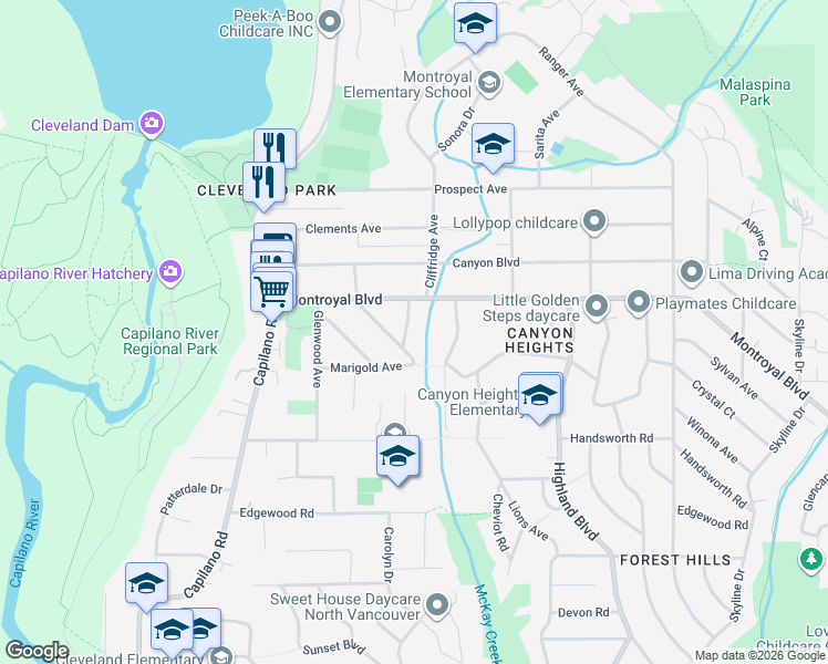 map of restaurants, bars, coffee shops, grocery stores, and more near 4700 Pheasant Place in North Vancouver