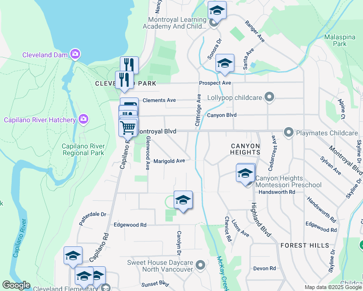 map of restaurants, bars, coffee shops, grocery stores, and more near 1050 Belvedere Drive in North Vancouver