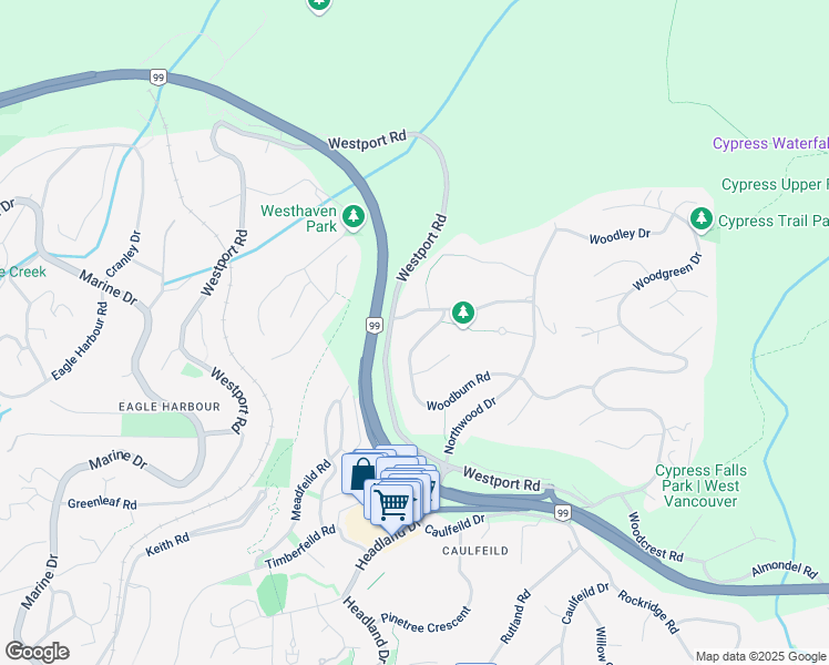 map of restaurants, bars, coffee shops, grocery stores, and more near 4751 Woodburn Road in West Vancouver