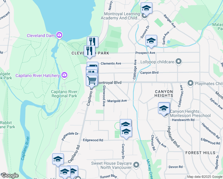 map of restaurants, bars, coffee shops, grocery stores, and more near 1082 Ruthina Avenue in North Vancouver