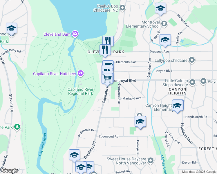 map of restaurants, bars, coffee shops, grocery stores, and more near 4730 Capilano Road in North Vancouver