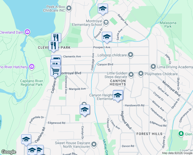 map of restaurants, bars, coffee shops, grocery stores, and more near 999 Montroyal Boulevard in North Vancouver