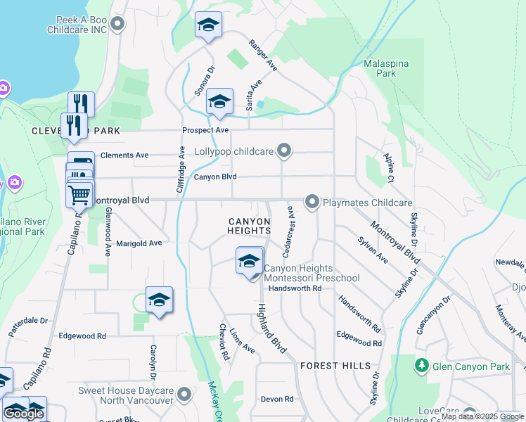 map of restaurants, bars, coffee shops, grocery stores, and more near 4775 Highland Boulevard in North Vancouver