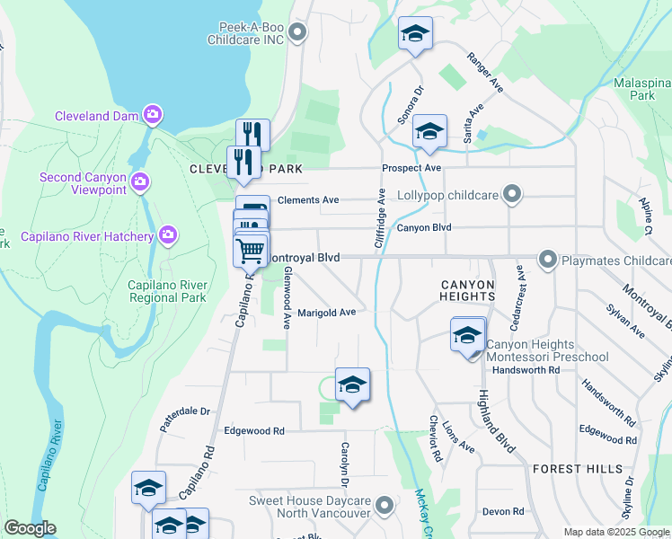 map of restaurants, bars, coffee shops, grocery stores, and more near 1060 Belvedere Drive in North Vancouver