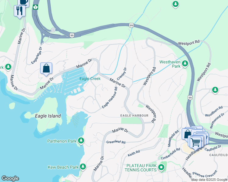 map of restaurants, bars, coffee shops, grocery stores, and more near 5621 Eagle Harbour Road in West Vancouver