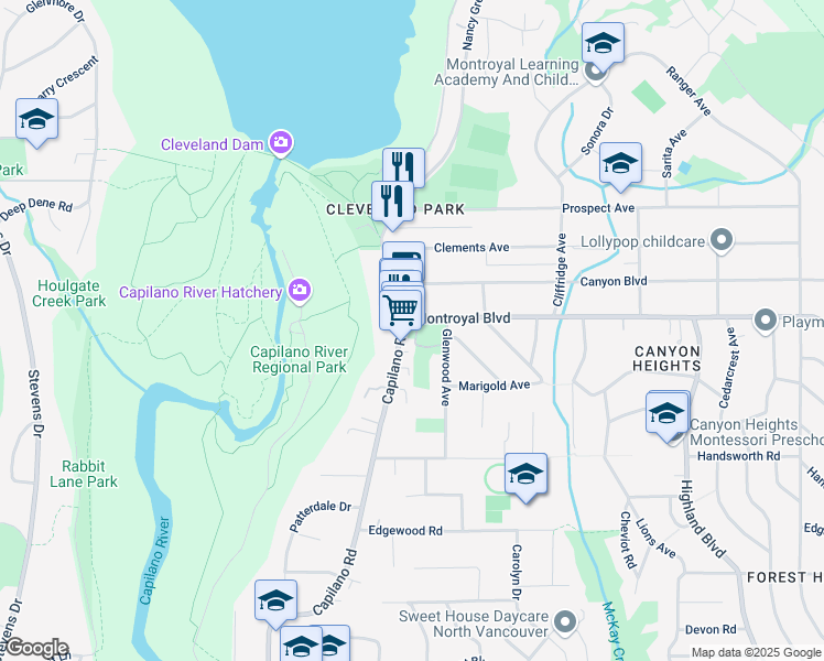 map of restaurants, bars, coffee shops, grocery stores, and more near 1151 Montroyal Boulevard in North Vancouver