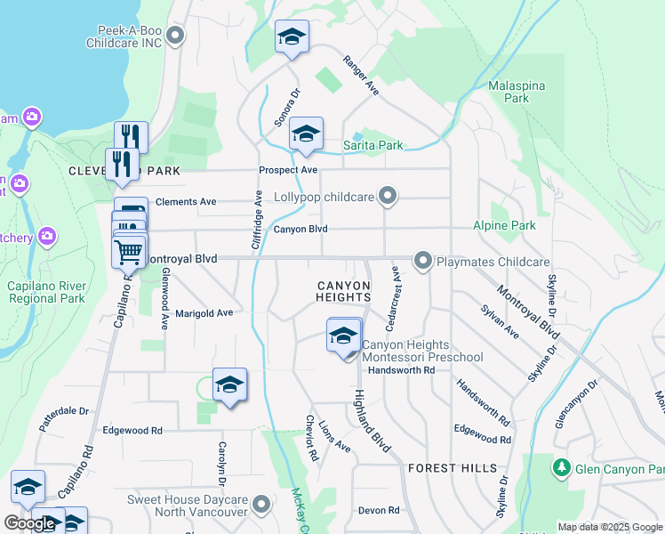 map of restaurants, bars, coffee shops, grocery stores, and more near 937 Montroyal Boulevard in North Vancouver