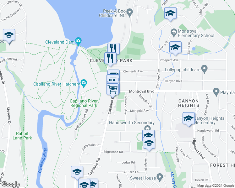 map of restaurants, bars, coffee shops, grocery stores, and more near 1147 Montroyal Boulevard in North Vancouver