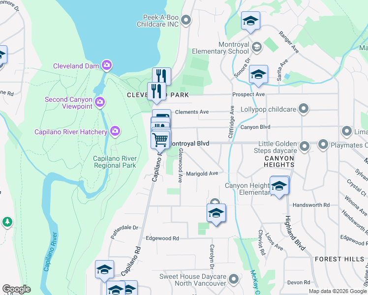 map of restaurants, bars, coffee shops, grocery stores, and more near 4796 Glenwood Avenue in North Vancouver