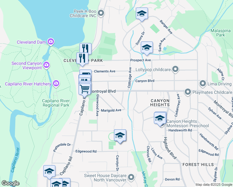 map of restaurants, bars, coffee shops, grocery stores, and more near 1057 Montroyal Boulevard in North Vancouver
