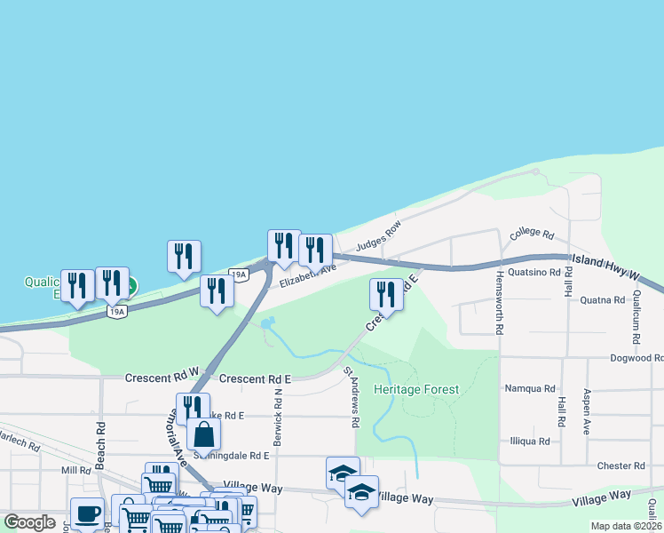 map of restaurants, bars, coffee shops, grocery stores, and more near 245 Elizabeth Avenue in Qualicum Beach