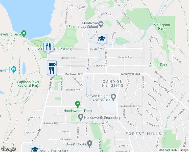 map of restaurants, bars, coffee shops, grocery stores, and more near 999 Montroyal Boulevard in North Vancouver