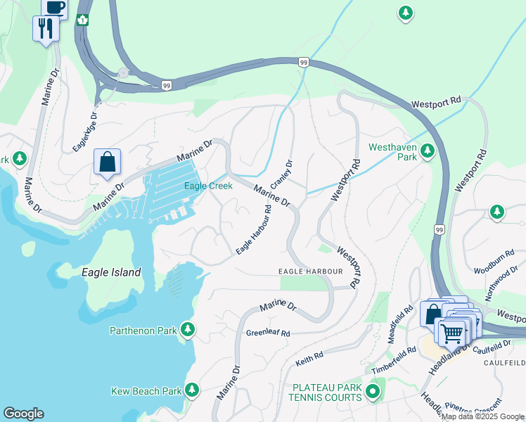 map of restaurants, bars, coffee shops, grocery stores, and more near 5621 Eagle Harbour Road in West Vancouver