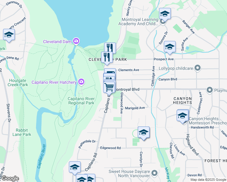 map of restaurants, bars, coffee shops, grocery stores, and more near 1153 Montroyal Boulevard in North Vancouver