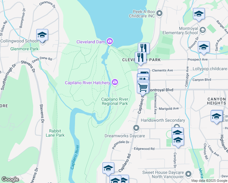 map of restaurants, bars, coffee shops, grocery stores, and more near 4990 Capilano Road in North Vancouver