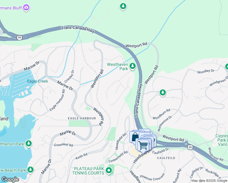 map of restaurants, bars, coffee shops, grocery stores, and more near 5436 Westhaven Place in West Vancouver