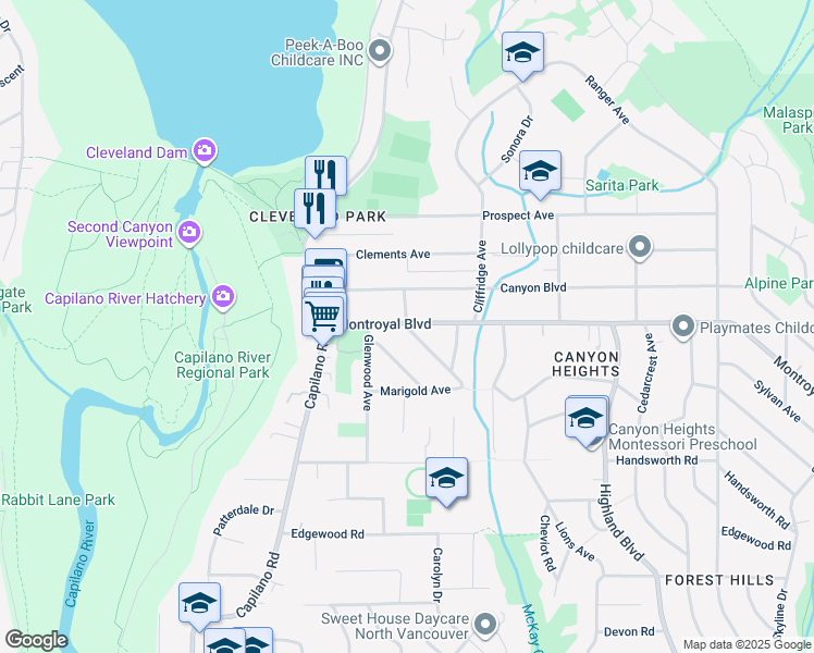 map of restaurants, bars, coffee shops, grocery stores, and more near 1060 Belvedere Drive in North Vancouver