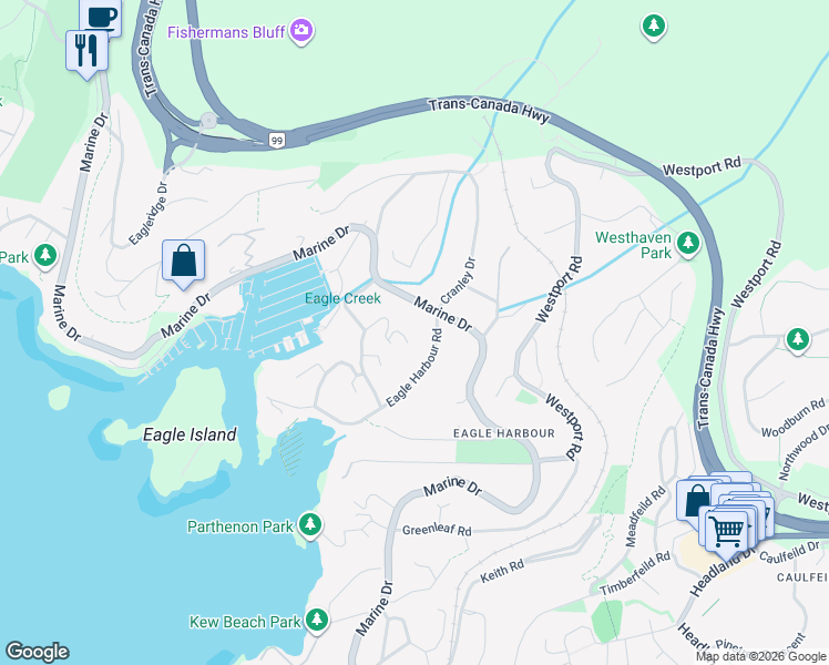 map of restaurants, bars, coffee shops, grocery stores, and more near 5650 Larson Place in West Vancouver