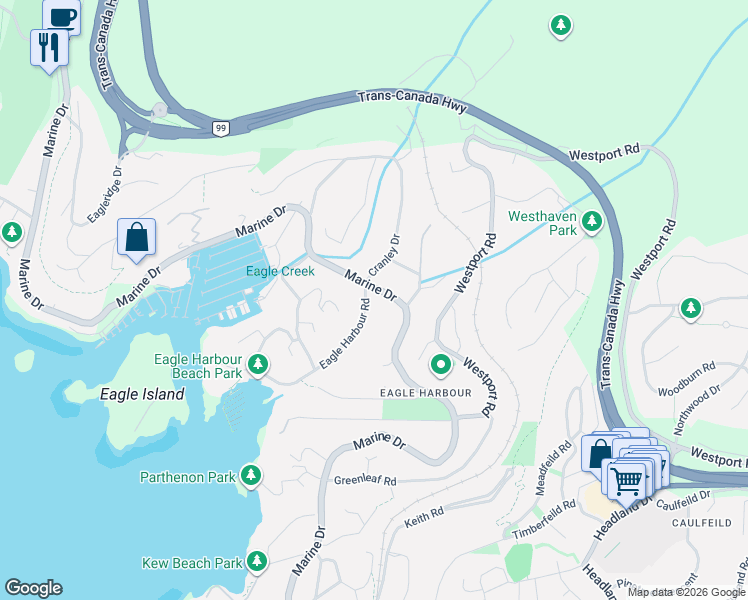 map of restaurants, bars, coffee shops, grocery stores, and more near 5692 Marine Drive in Burnaby