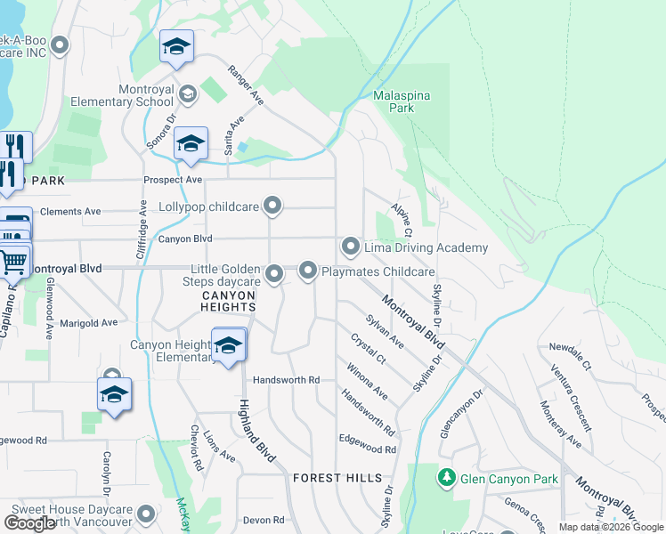 map of restaurants, bars, coffee shops, grocery stores, and more near 806 Montroyal Boulevard in North Vancouver